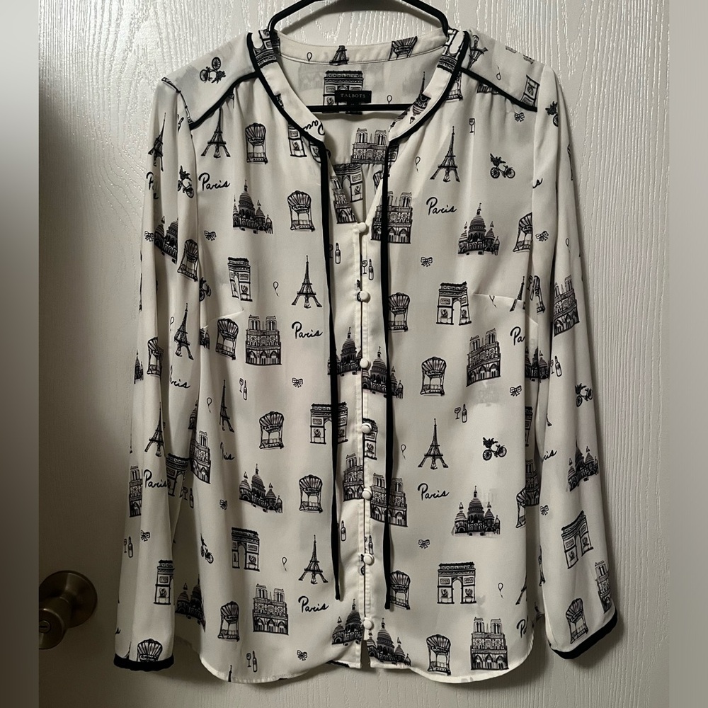 Talbots White Black Paris France Blouse Shirt Top Long Sleeve Lightweight Size M
